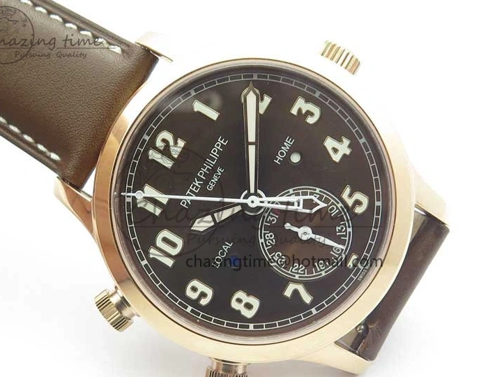 MIROTIME 0423 Calatrava 5524R Pilot Travel Time RG GRF Brown Dial on Brown Leather Strap MIYOTA TopPick 7155